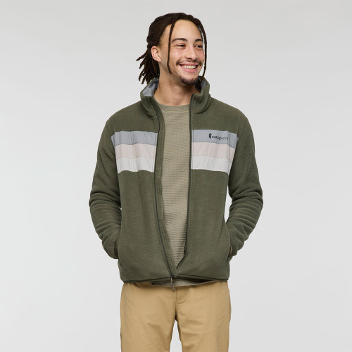 Men's Cotopaxi Teca Fleece Full Zip Jacket Canteen Green With Contrasting Color Accents Unzipped Front Model