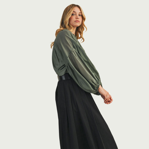 Women's Mustard Seed Balloon Sleeve Button Front Top Green Tea Side