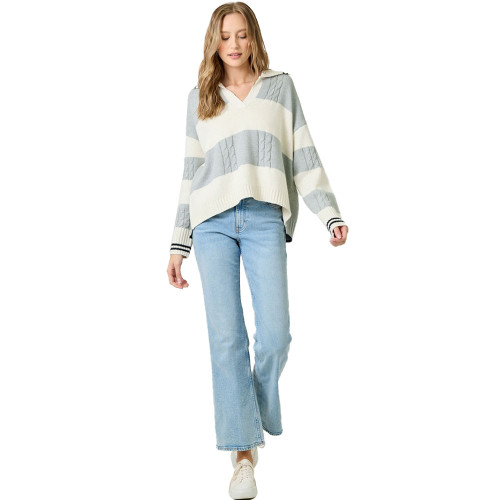 Women's Mystree V-Neck Multi Stripe Sweater Ivy Grey Full Model