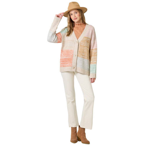 Women's Mystree Color Block Cardigan Sweater - Oatmeal Mix Full Model