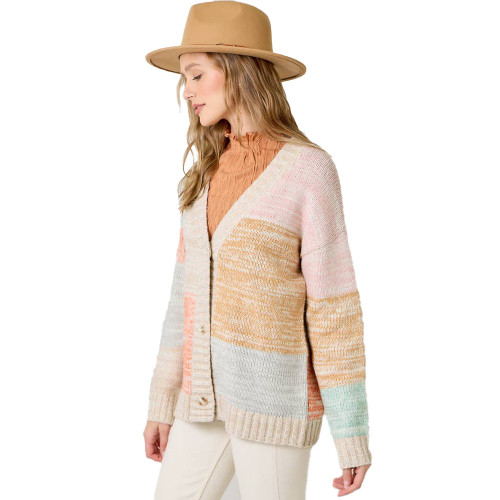 Women's Mystree Color Block Cardigan Sweater - Oatmeal Mix Side