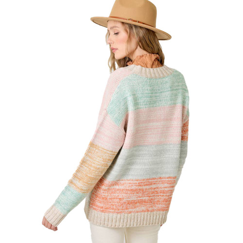 Women's Mystree Color Block Cardigan Sweater - Oatmeal Mix Back