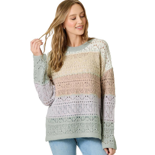 Women's Mystree Color Block Pointelle Sweater - Ivory Oatmeal Front Women's Mystree Color Block Pointelle Sweater - Ivory Oatmeal Front