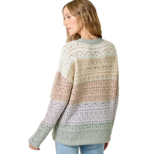 Women's Mystree Color Block Pointelle Sweater - Ivory Oatmeal Back Women's Mystree Color Block Pointelle Sweater - Ivory Oatmeal Back