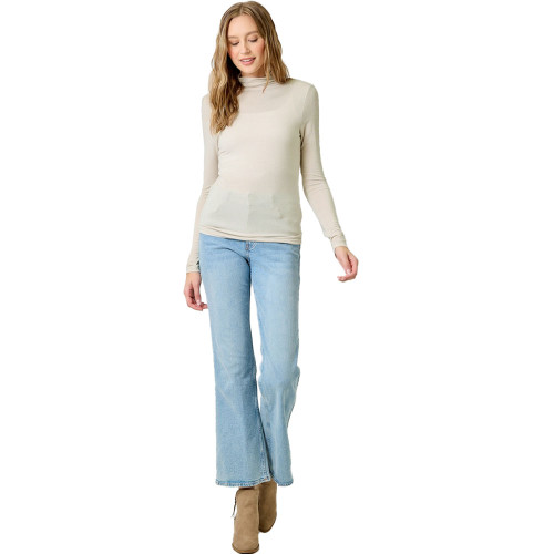 Women's Mystree Essential Mock Neck Long Sleeve Shirt Oatmeal Cream White Full Model