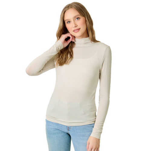 Women's Mystree Essential Mock Neck Long Sleeve Shirt Oatmeal Cream White Front