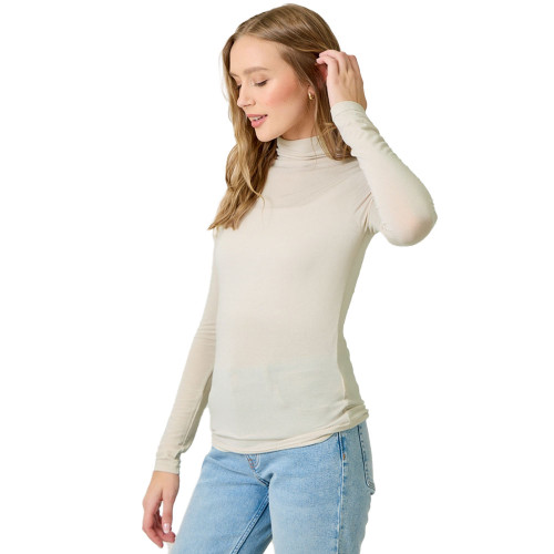 Women's Mystree Essential Mock Neck Long Sleeve Shirt Oatmeal Cream White Side