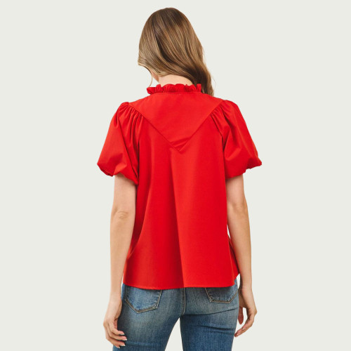 Women's TCEC Button Down Ruffle Neck Top Red Back
