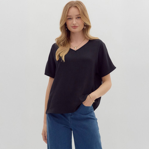 Women's Entro V-Neck Solid Short Sleeve Top Black Front