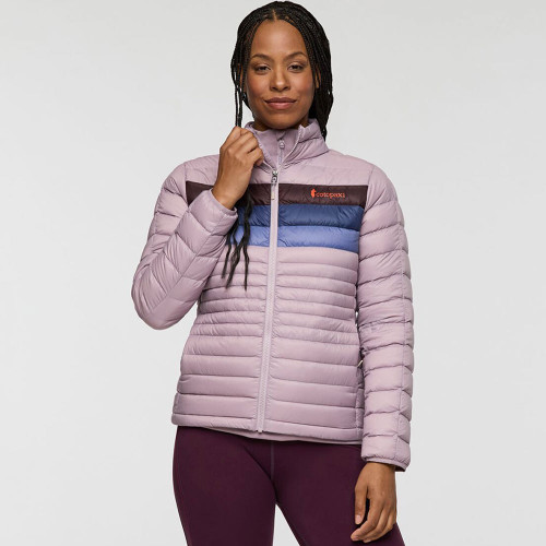 Women's Cotopaxi Fuego Down Jacket Quartz Stripes Purple Front Model