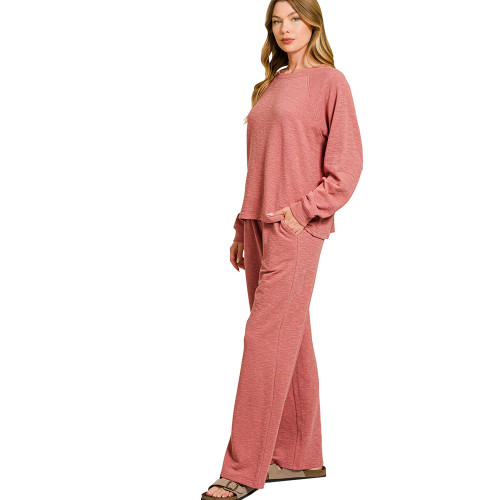 Women's Zenana Slub Long Sleeve Top And Pants Lounge Set Winter Rose Pink Side Women's Zenana Slub Long Sleeve Top And Pants Lounge Set Winter Rose Pink Side