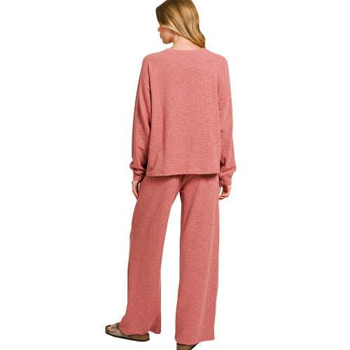 Women's Zenana Slub Long Sleeve Top And Pants Lounge Set Winter Rose Pink  Back Women's Zenana Slub Long Sleeve Top And Pants Lounge Set Winter Rose Pink  Back