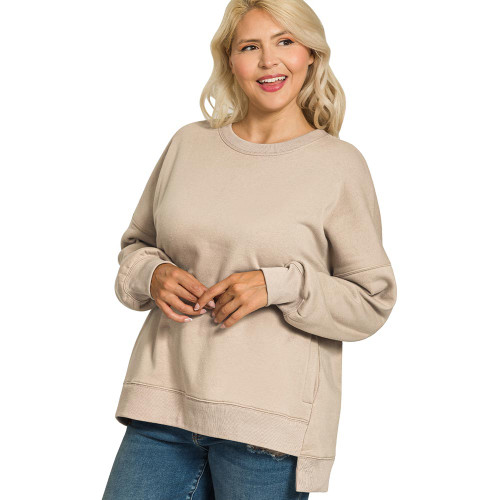 Women's Zenana Fleece Boyfriend Sweatshirt - Plus Size Ash Mocha Tan Front Women's Zenana Fleece Boyfriend Sweatshirt - Plus Size Ash Mocha Tan Front