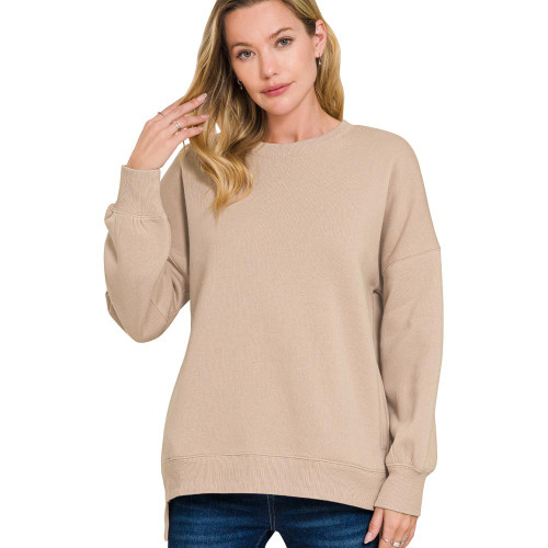 Women's Zenana Fleece Boyfriend Sweatshirt Ash Mocha Tan Front Women's Zenana Fleece Boyfriend Sweatshirt Ash Mocha Tan Front