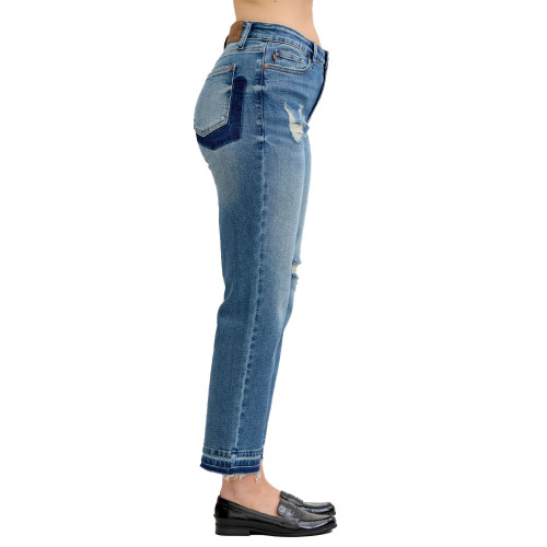 Women's Judy Blue Mid Rise Boyfriend Patch and Repair Destroyed Jeans Medium Side