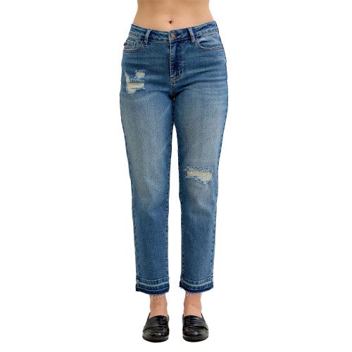 Women's Judy Blue Mid Rise Boyfriend Patch and Repair Destroyed Jeans Medium Main
