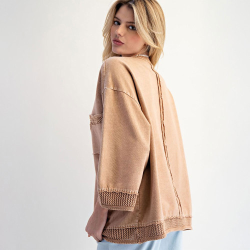 Women's Easel Mineral Washed 3/4 Sleeve Top Mocha Brown Back