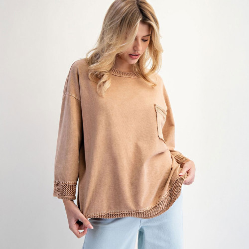 Women's Easel Mineral Washed 3/4 Sleeve Top Mocha Brown Front