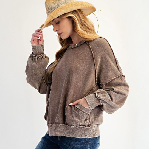 Women's Easel Cut Out Mineral Washed Long Sleeve Top Cocoa Brown Side