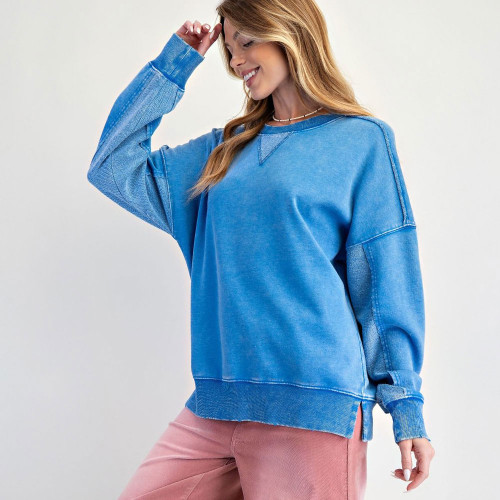 Women's Easel Washed Terry Sweatshirt Day Blue Side