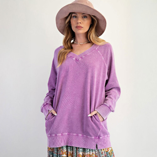 Women's Easel Mineral Washed Terry Oversized Sweatshirt Orchid Purple Front