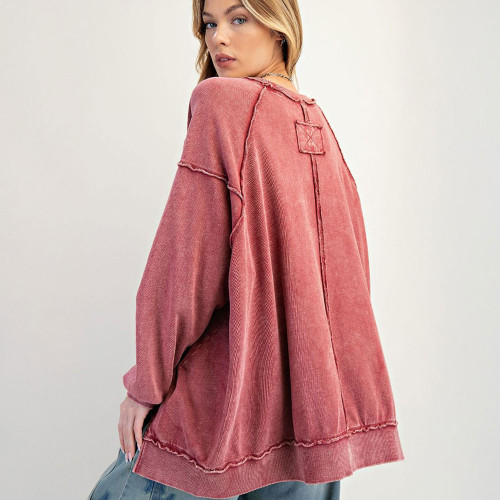 Women's Easel Mineral Washed Hi-Low Hem Oversized Sweatshirt Boho Red Back