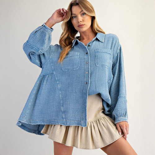 Women's Easel Button Down Gauze Shirt Washed Denim Blue Front