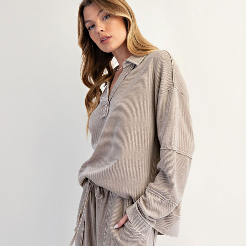 Women's Easel Textured Thermal Pullover Light Mocha Brown  Side