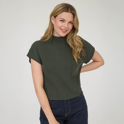 Women's Blue Pepper Mock Neck Short Sleeve Knit Sweater Forest Green Front Women's Blue Pepper Mock Neck Short Sleeve Knit Sweater Forest Green Front