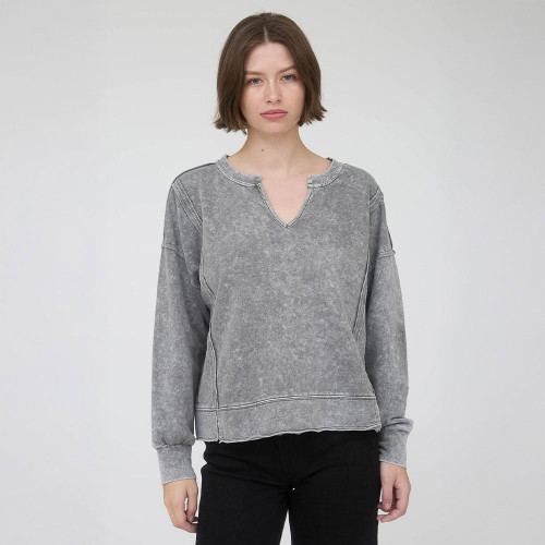 Women's Blu Pepper Washed Long Sleeve Knit Top Black Front