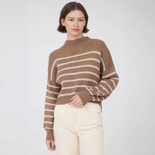 Women's Blu Pepper Striped Mock Neck Sweater Cocoa Brown Front