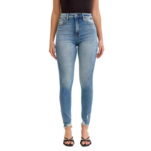 Women's Cello High Rise Frayed Hem Ankle Skinny Denim Jeans - Tint Blue Front