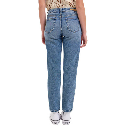 Women's Cello Mid Rise Distressed Straight Denim Jeans - Medium Denim Blue Back