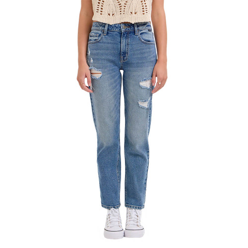 Women's Cello Mid Rise Distressed Straight Denim Jeans - Medium Denim Blue Front