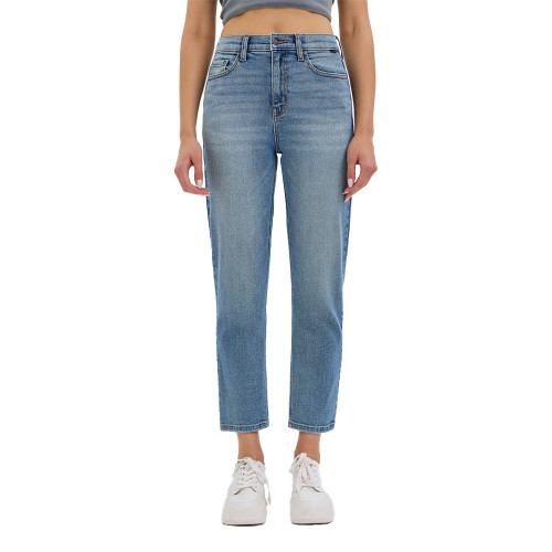 Women's Cello High Rise Mom Crop Dneim Jeans - Medium Blue Front