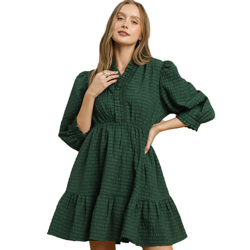 Women's Umgee Half Sleeve Ruffle Trim Babydoll Dress Palm Green  Front