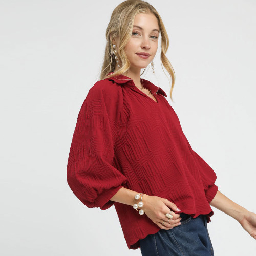Women's Umgee V-Neck Collared Blouse Crimson Red  Side
