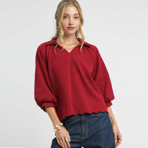 Women's Umgee V-Neck Collared Blouse Crimson Red Front