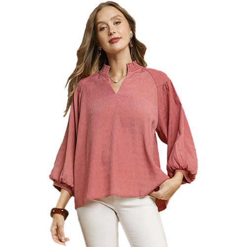 Women's Umgee Smocked Neck Balloon Sleeve Blouse  Dusty Pink Front