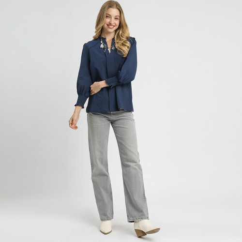 Women's Umgee Textured V-Neck Blouse Navy Full Model