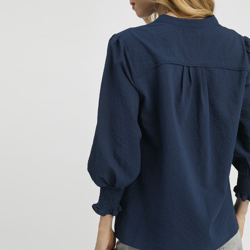 Women's Umgee Textured V-Neck Blouse Navy  Back