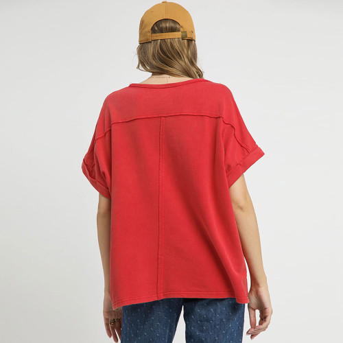 Women's Umgee Oversized Washed Terry Top Rose Clay Red Back