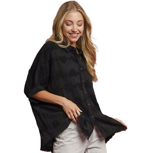 Women's Umgee Jacquard Heart Collared Top - Black Side