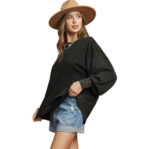 Women's Umgee Mineral Wash Oversized Sweatshirt Ash Black Side