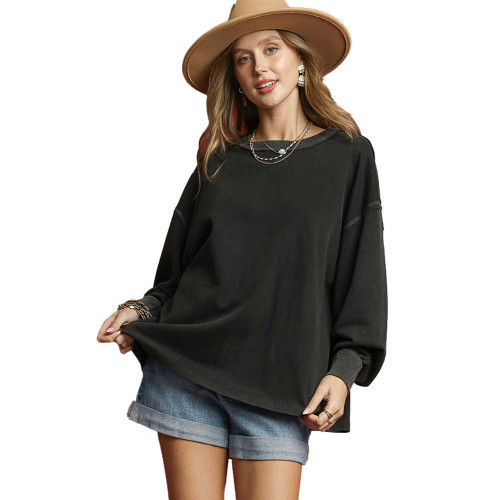 Women's Umgee Mineral Wash Oversized Sweatshirt Ash Black Front