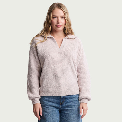 Women's Barefoot Dreams CozyChic Dolman Sleeve Collared Pullover - Stone White Front