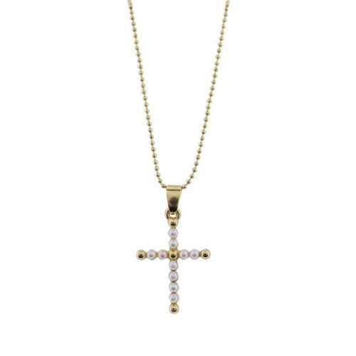 Jane Marie 18K Plated Gold Necklace With Pearl Beaded Cross Detail