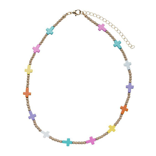 Girls' Jane Marie Gold Beaded Necklace With Multi-Colored Crosses Detail