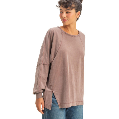 Women's Double Zero Oversized Long Sleeve Top With Slit Chestnut Side