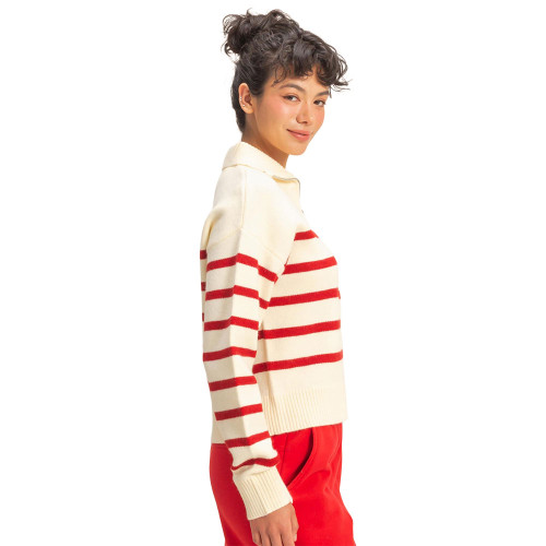 Women's Double Zero Striped Half Zip Pullover Cream/Red Side
